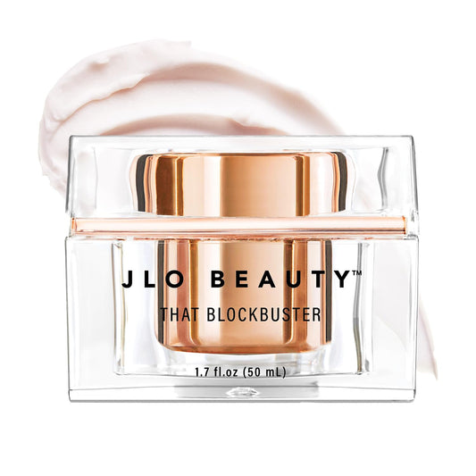 JLO BEAUTY That Blockbuster jar closeup highlights rich hydration for radiant skin.