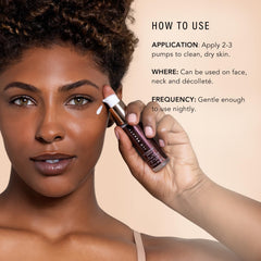 JLO BEAUTY That Overnight Hustle Night Serum bottle demonstrates gentle resurfacing with AHAs and enzymes
