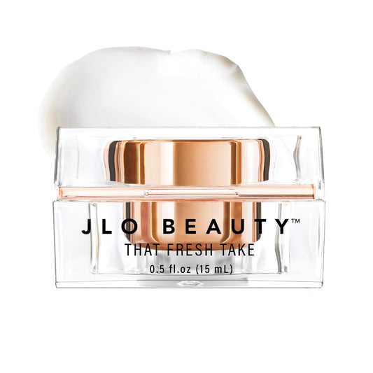 JLO BEAUTY under eye cream jar close-up showing rich hydration for a refreshed look.