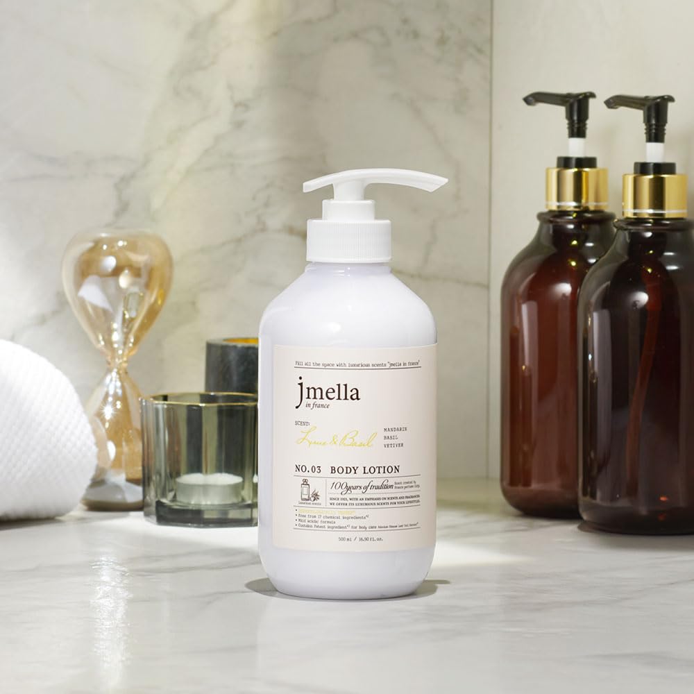 jmella Lime and Basil Body Lotion texture swatch reveals silky lotion consistency.