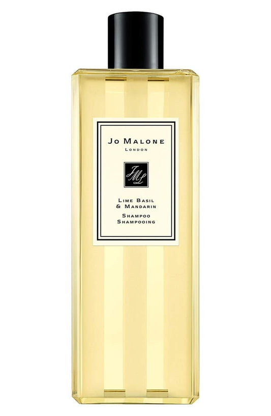 Shampoo bottle: Jo Malone Lime Basil & Mandarin for daily cleansing and gloss.