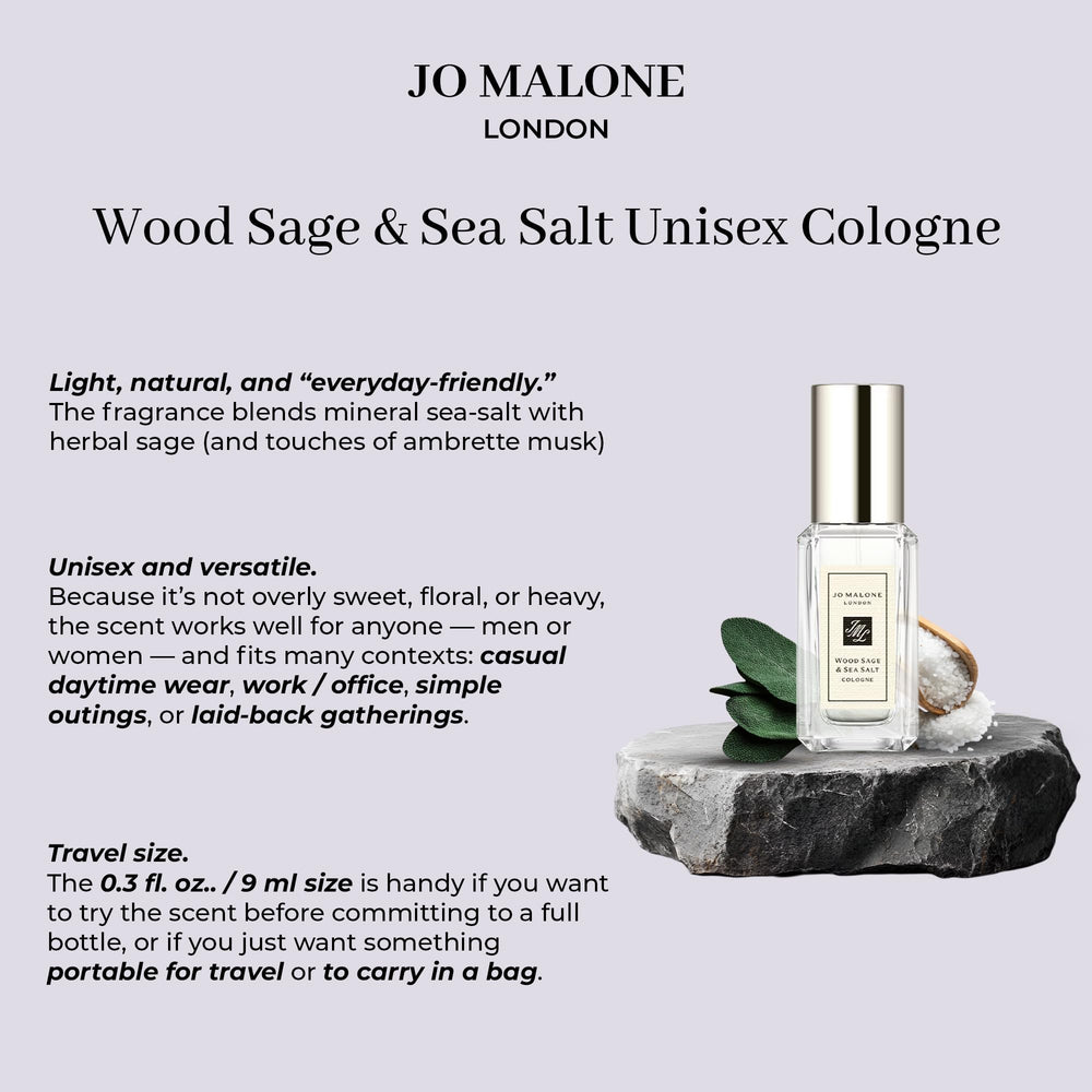Jo Malone Wood Sage & Sea Salt bottle close-up highlighting a fresh, unisex scent