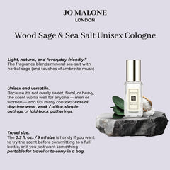 Jo Malone Wood Sage & Sea Salt bottle close-up highlighting a fresh, unisex scent