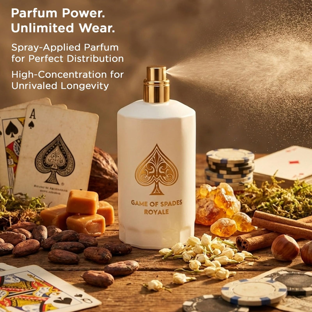 Jo Milano Game of Spades Royale bottle imagery hints at luxury and refined gifting appeal.