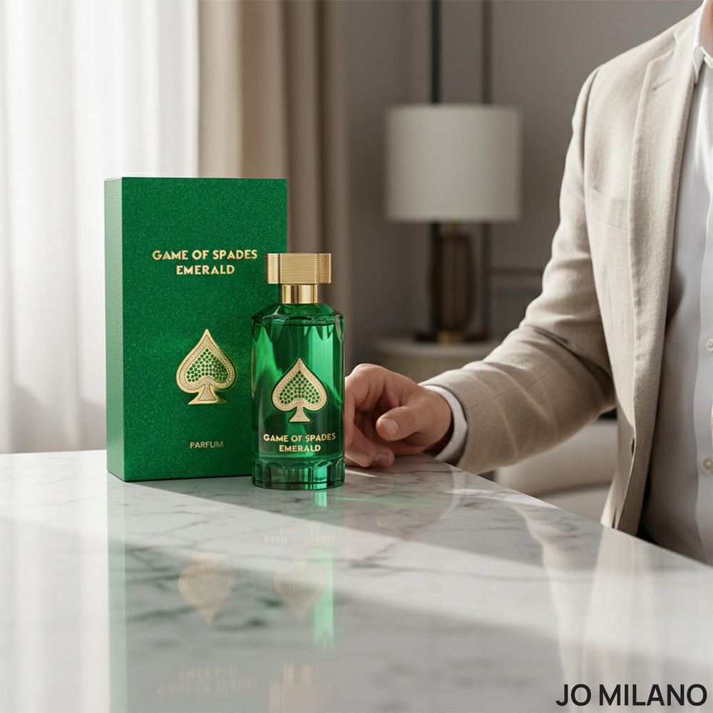 Jo Milano Game of Spades Emerald mist application suggests even, long-lasting scent distribution.