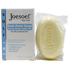 Clinical-grade manufacturing badge on JOESOEF sulfur soap packaging signaling quality