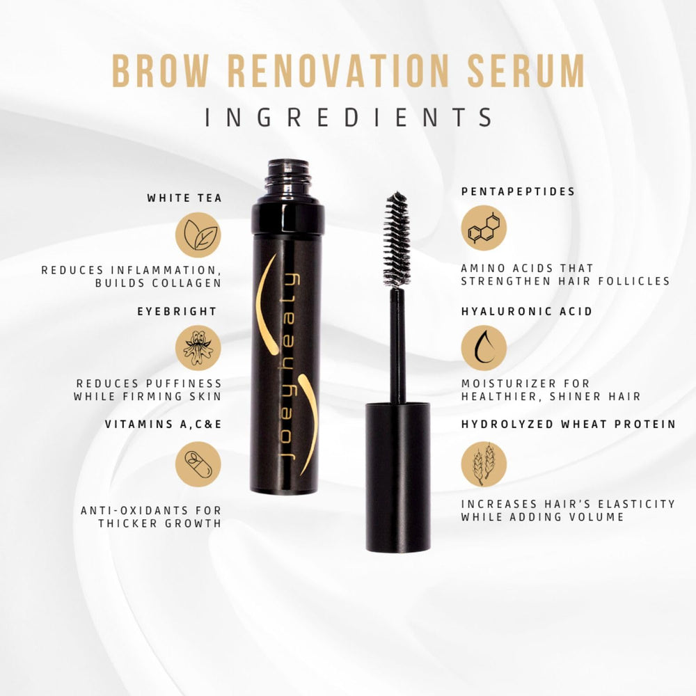 Joey Healy Brow Renovation Serum applicator brush enables precise morning detailing for brow fullness.