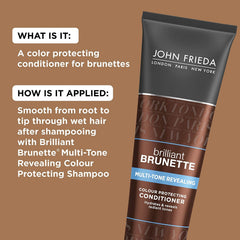 Hands applying conditioner to enhance smooth, manageable brunette strands.