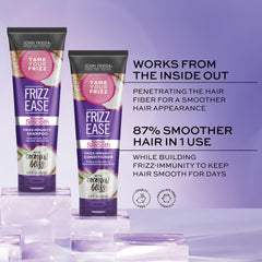 John Frieda Frizz Ease Beyond Smooth bottle pour illustrating quick lather and relief