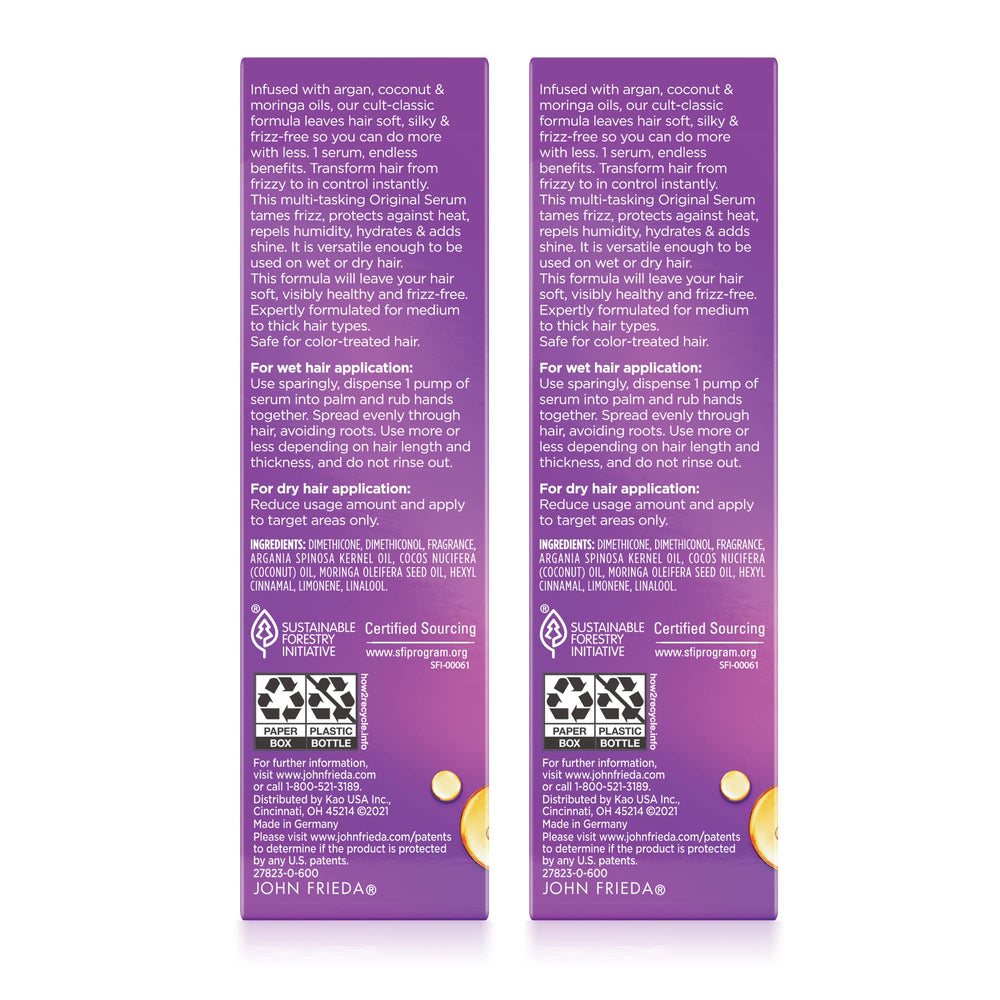 John Frieda Frizz Ease Serum showing anti-frizz and heat protection