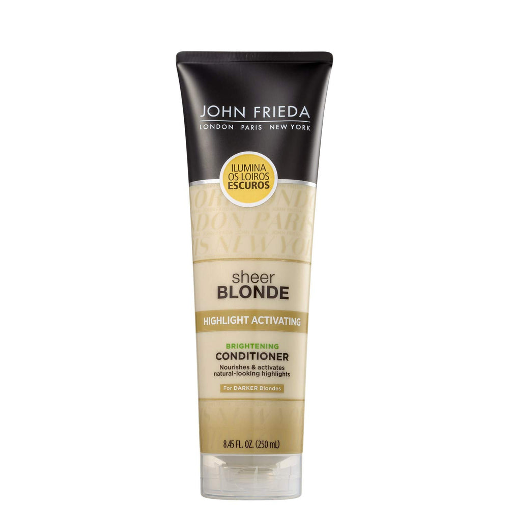 John Frieda Sheer Blonde Brightening Conditioner bottle helps brighten blonde highlights.