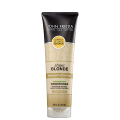 John Frieda Sheer Blonde Brightening Conditioner bottle helps brighten blonde highlights.