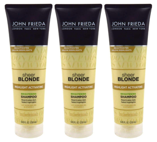 John Frieda Sheer Blonde Shampoo bottle highlighting radiant lighter blonde tones.