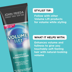 John Frieda Volume Lift label closeup confirms Air-Silk technology and weightless conditioning.