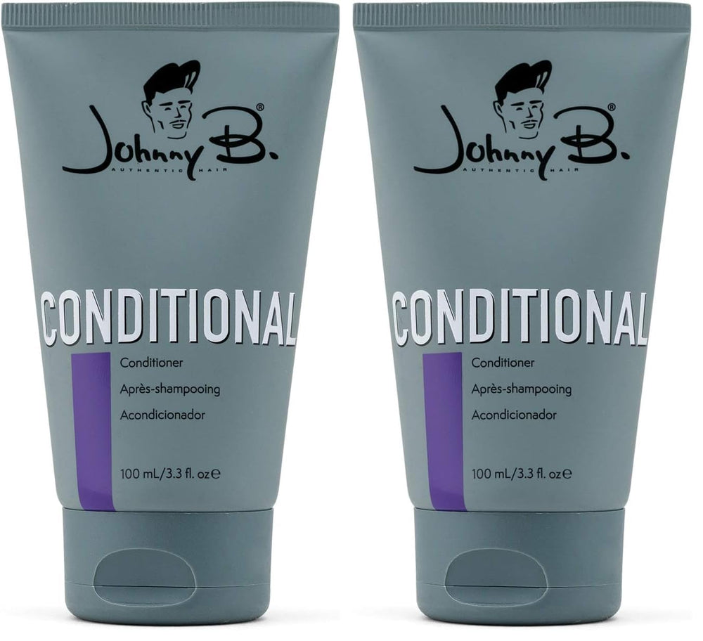 JOHNNY B. Conditional Conditioner bottle close-up, lightweight conditioning for easy styling.