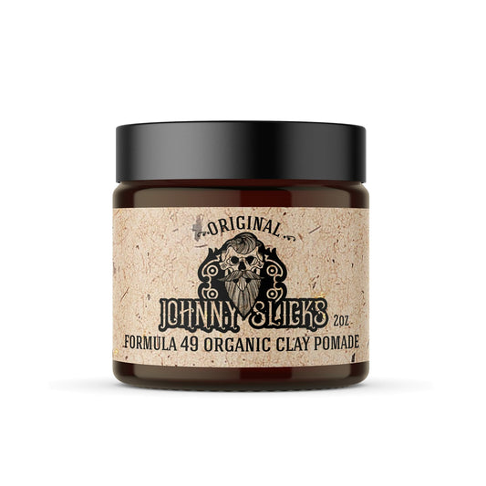 Johnny Slicks Formula 49 clay bottle front shows firm hold and matte finish.
