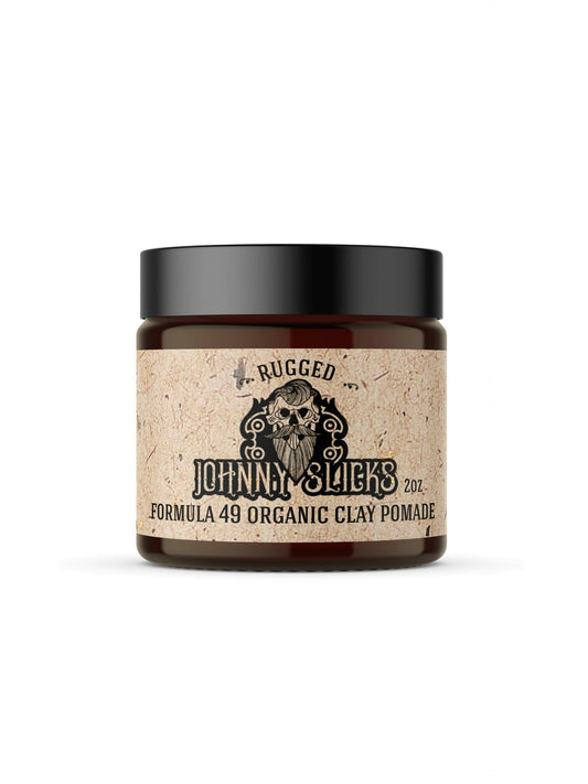 Johnny Slicks Formula 49 clay bottle pour demonstrates controlled application for firm styling.