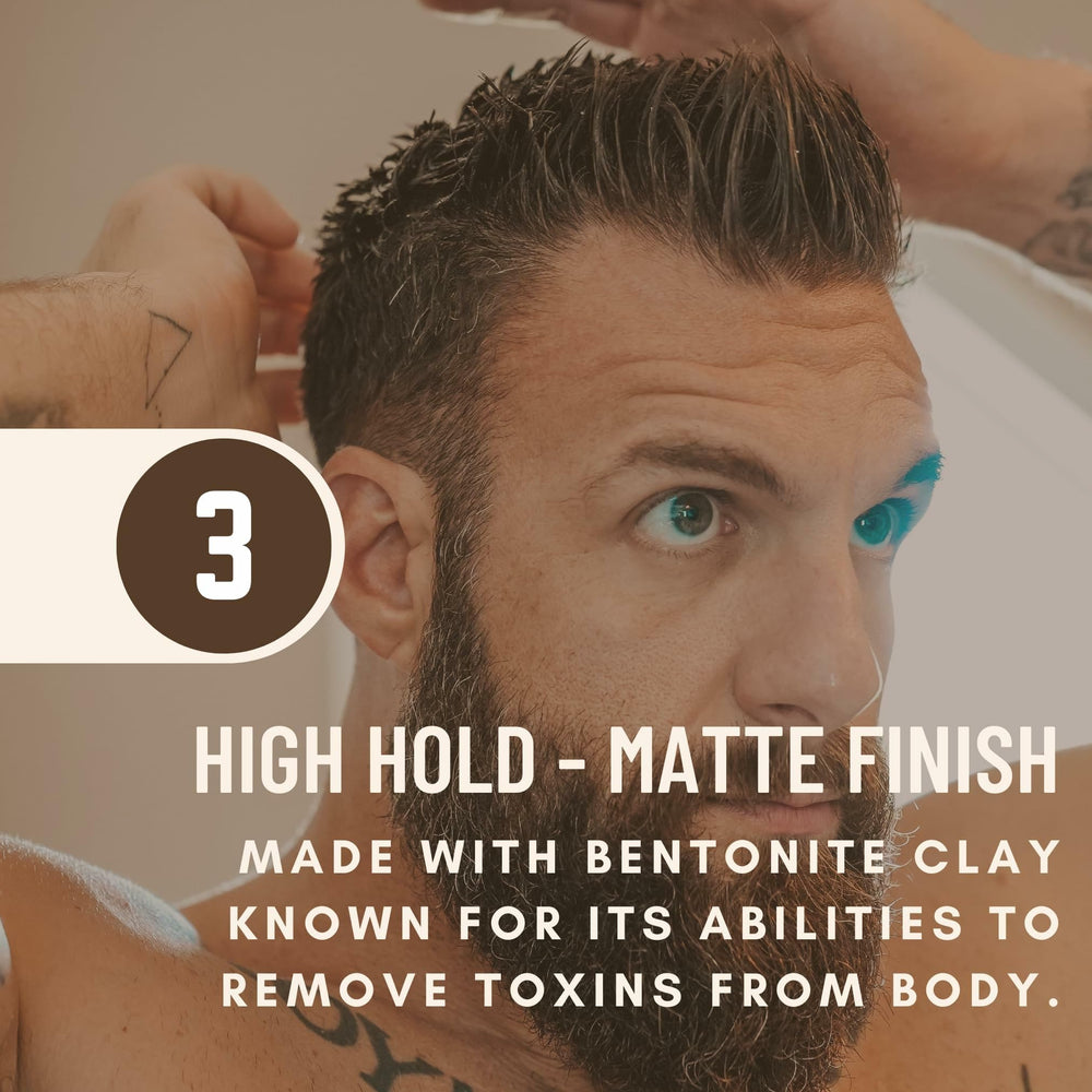 Johnny Slicks Formula 49 clay on hair with matte finish shows strong hold.