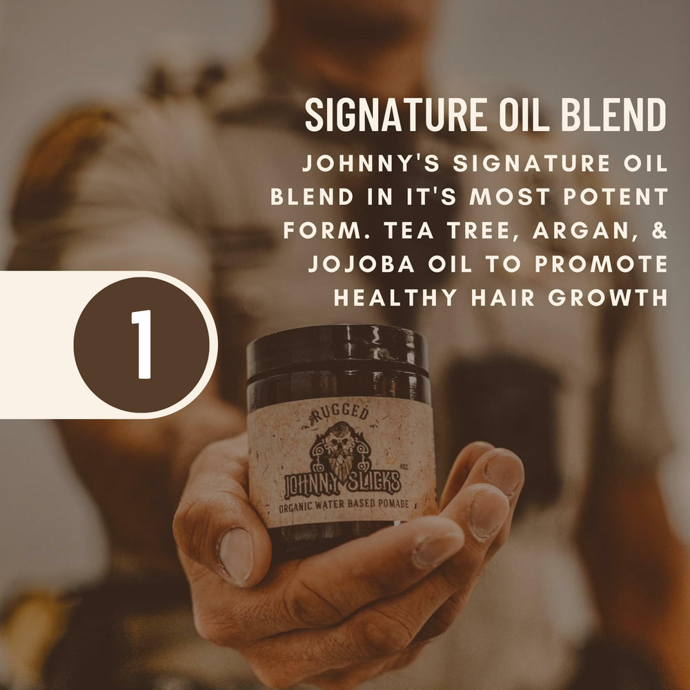 Johnny Slicks ingredients label highlights all-natural oils for hair and skin hydration.
