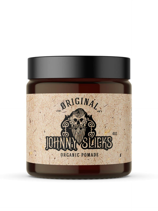 Johnny Slicks Oil Based Pomade jar with original scent, versatile hold and scalp hydration.