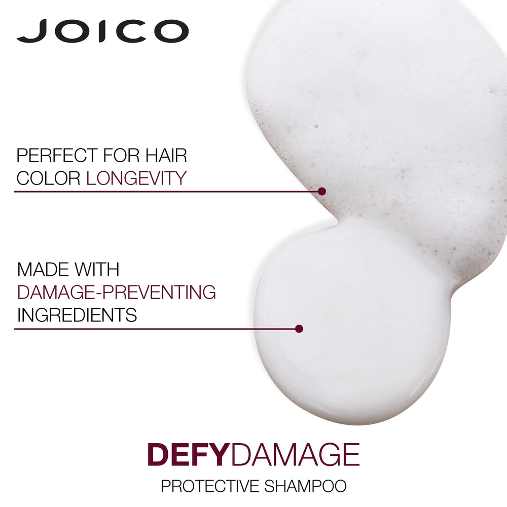 Joico Defy Damage bottle with glossy label highlight bond-strengthening benefits.