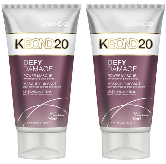 Joico Defy Damage KBOND20 Power Masque bottle shows color-safe hydration and bond rebuilding.