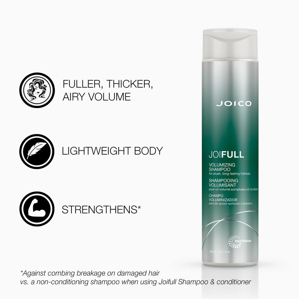 Joico JoiFULL conditioner application shows easy detangling and airy body for fine hair.
