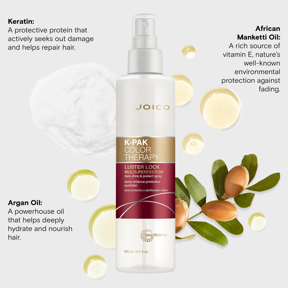 Joico K-PAK Color Therapy Luster Lock product in use showing UV and heat protection for color longevity.