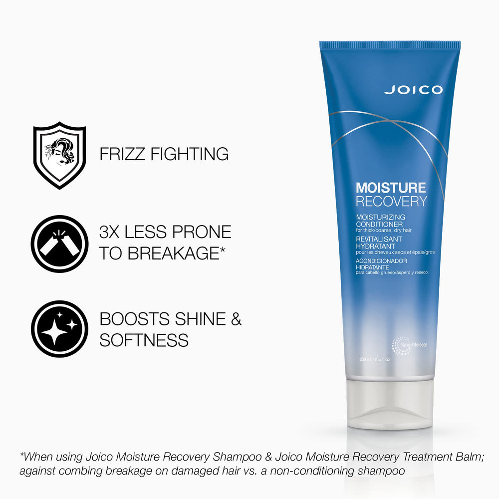 Joico Moisture Recovery conditioner creamy texture for tangles and frizz control.