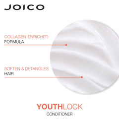 Joico YouthLock bottle on bathroom counter signals everyday sulfate-free care.