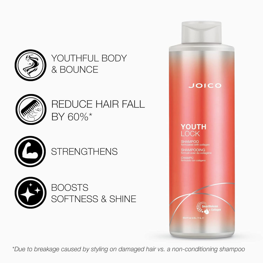 Joico YouthLock conditioner bottle emphasizes smoothing action for softer strands.