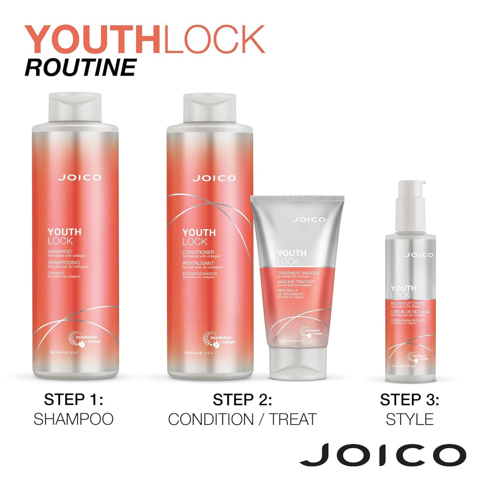 Joico YouthLock product shot styled scene evokes youthful bounce.