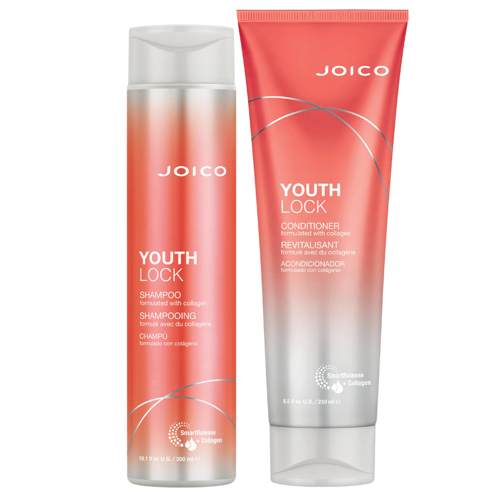 Joico YouthLock shampoo bottle highlights collagen-infused formula for gentle daily cleansing.