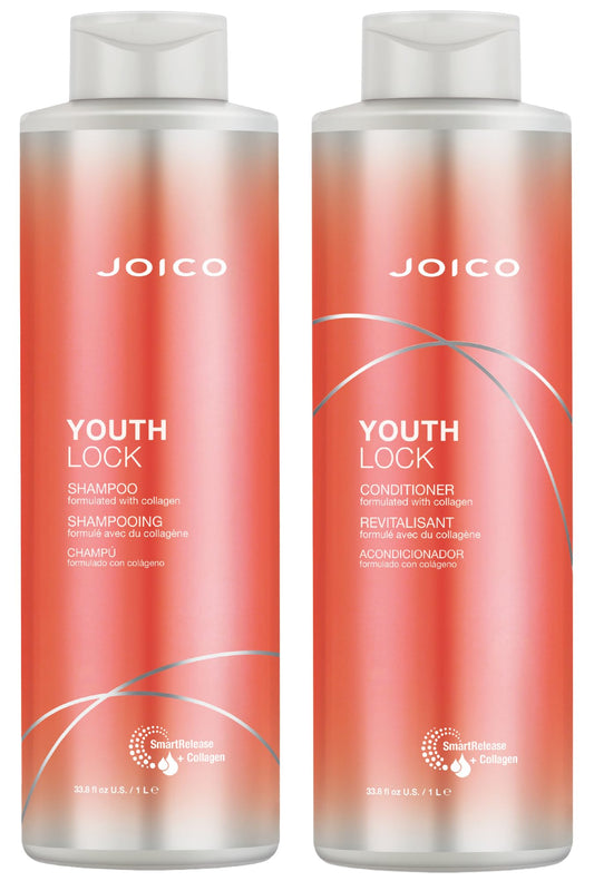 Joico YouthLock shampoo bottle showing collagen-infused formula for revitalized hair.
