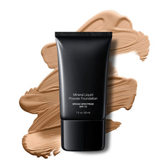JOLIE Mineral Liquid Powder Foundation SPF 15 bottle delivers lasting, breathable coverage for all skin types.