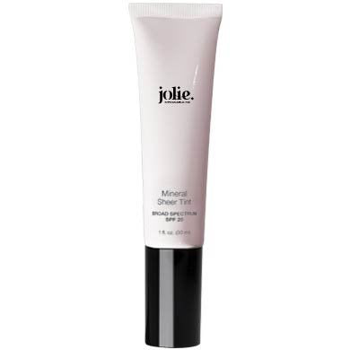 JOLIE Mineral Sheer Tint SPF 20 bottle application shows light hydration and coverage.