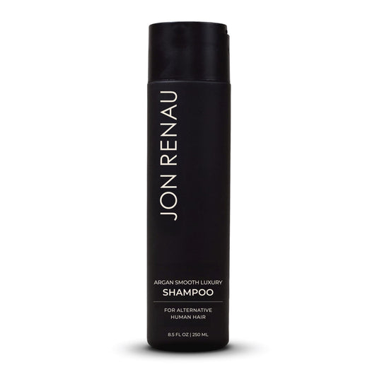 Jon Renau Argan Smooth Luxury Shampoo bottle highlighting the hydrating formula for wigs