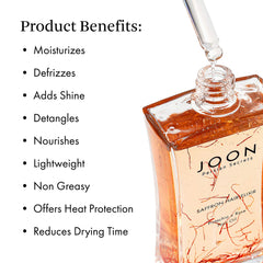 Joon Saffron Hair Elixir oil drop close-up highlights lightweight moisture and detangling aid.