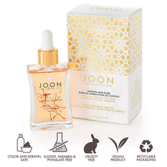 Joon Saffron Hair Elixir texture shot shows a glossy, healthy-looking finish.