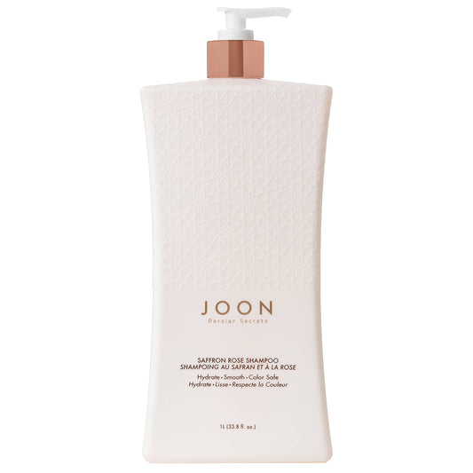 Joon Saffron Rose Shampoo bottle on display, inviting daily cleansing for vibrant hair.