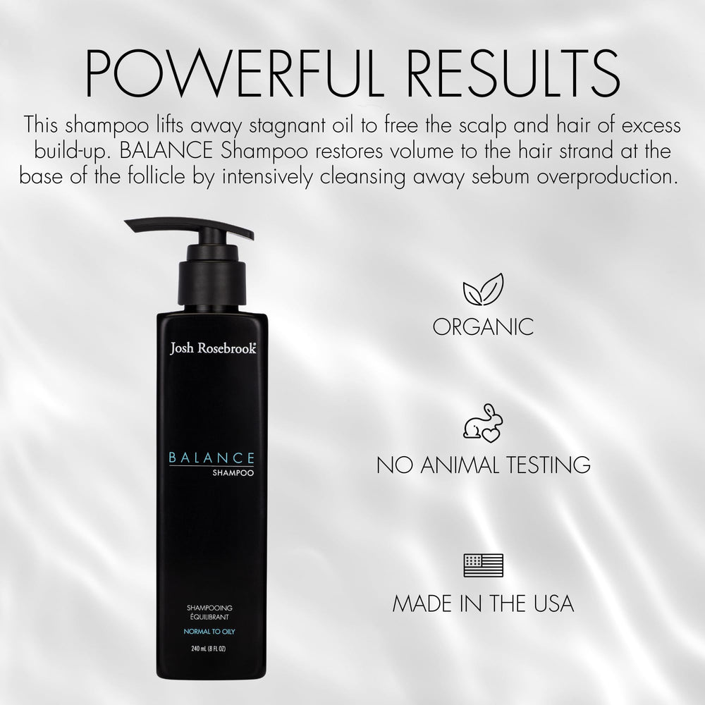 Josh Rosebrook Balance Shampoo lather close-up highlights gentle cleansing for oily scalps.