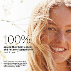 Josie Maran Argan Moisture Plump Shampoo argan milk droplets illustrate moisture infusion.