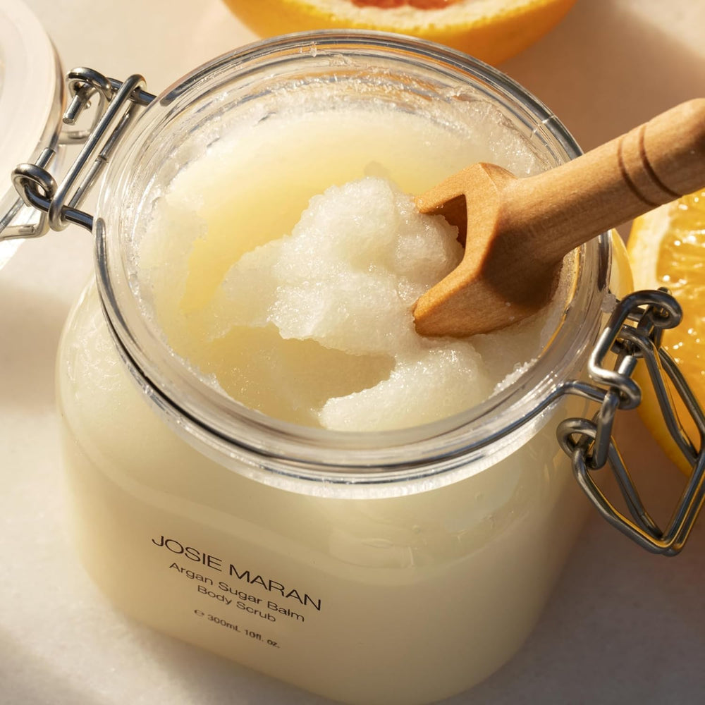 Vegan and cruelty-free badge on Josie Maran Sugar Body Scrub packaging