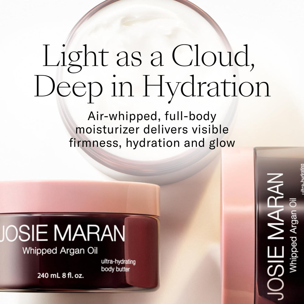 Josie Maran Whipped Body Butter highlights argan oil for lasting skin moisture.