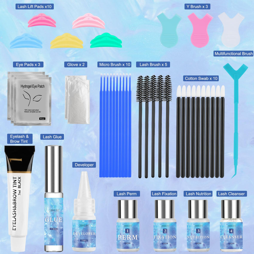 Jouedo lash lift kit tools laid out for precise at-home application.