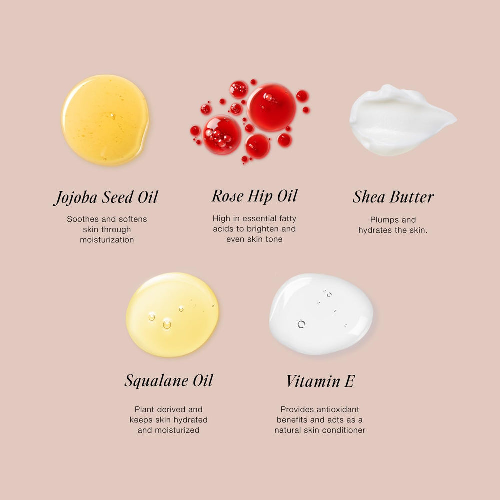 Texture close-up of Jouer Bloom shows creamy formula with rose hip oil and squalane for hydration