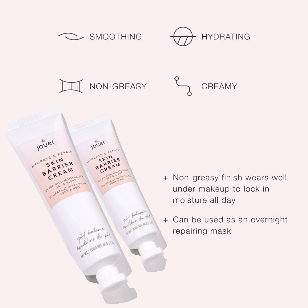 Jouer Skin Barrier Cream texture swirl highlights ultra hydration and smoothing benefits