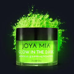 Joya Mia glow-in-the-dark nail powder jar demonstrates a 2 oz glow option for standout nails.
