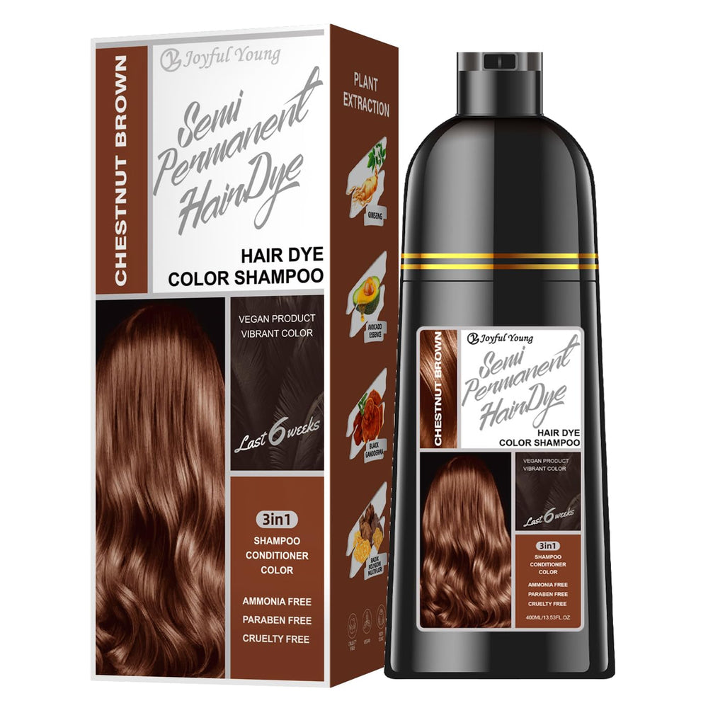 Joyful Young chestnut brown shampoo bottle for at home gray coverage