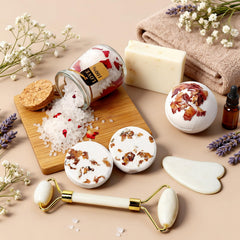Joyvella coconut bath bomb with sea salt and rose petals for an indulgent soak.